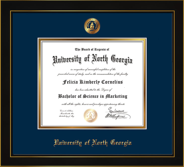 Image of University of North Georgia Diploma Frame - Honors Black Satin - w/Embossed UNG Seal & Name - Navy on Gold mat