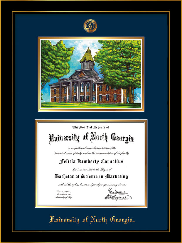 Image of University of North Georgia Diploma Frame - Honors Black Satin - w/Embossed UNG Seal & Name - Campus Watercolor - Navy on Gold mat