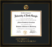 Image of University of North Georgia Diploma Frame - Honors Black Satin - w/Embossed UNG Seal & Wordmark - Black on Gold mat
