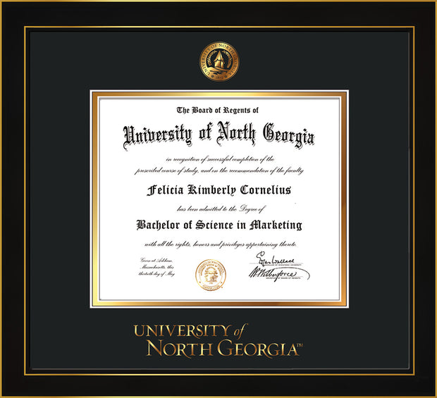 Image of University of North Georgia Diploma Frame - Honors Black Satin - w/Embossed UNG Seal & Wordmark - Black on Gold mat
