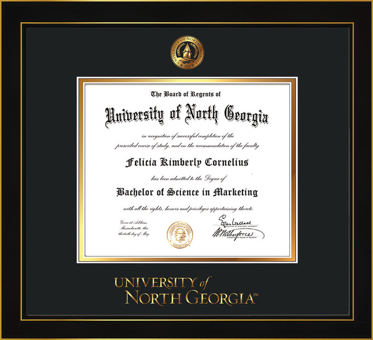 Image of University of North Georgia Diploma Frame - Honors Black Satin - w/Embossed UNG Seal & Wordmark - Black on Gold mat