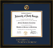 Image of University of North Georgia Diploma Frame - Honors Black Satin - w/Embossed UNG Seal & Wordmark - Navy on Gold mat