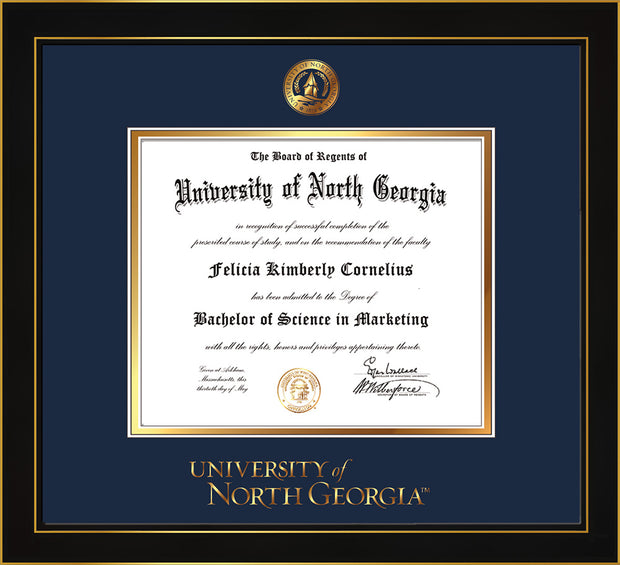 Image of University of North Georgia Diploma Frame - Honors Black Satin - w/Embossed UNG Seal & Wordmark - Navy on Gold mat