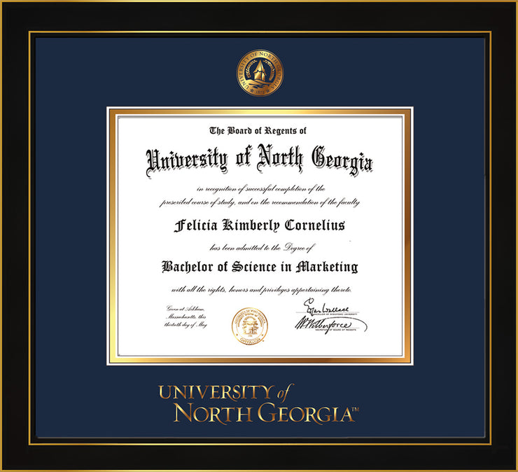 Image of University of North Georgia Diploma Frame - Honors Black Satin - w/Embossed UNG Seal & Wordmark - Navy on Gold mat