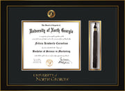 Image of University of North Georgia Diploma Frame - Honors Black Satin - w/Embossed UNG Seal & Wordmark - Tassel Holder - Black on Gold mat