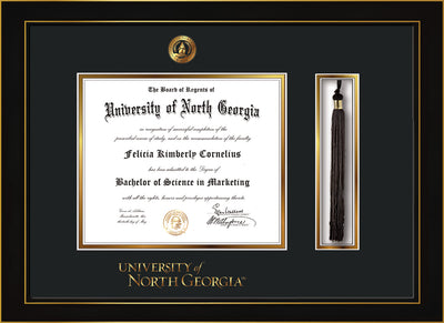 Image of University of North Georgia Diploma Frame - Honors Black Satin - w/Embossed UNG Seal & Wordmark - Tassel Holder - Black on Gold mat