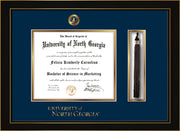 Image of University of North Georgia Diploma Frame - Honors Black Satin - w/Embossed UNG Seal & Wordmark - Tassel Holder - Navy on Gold mat