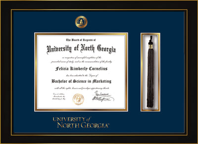 Image of University of North Georgia Diploma Frame - Honors Black Satin - w/Embossed UNG Seal & Wordmark - Tassel Holder - Navy on Gold mat