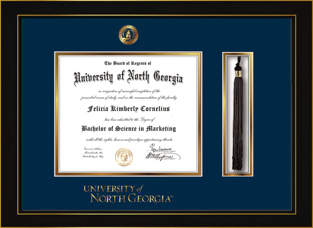 Image of University of North Georgia Diploma Frame - Honors Black Satin - w/Embossed UNG Seal & Wordmark - Tassel Holder - Navy on Gold mat