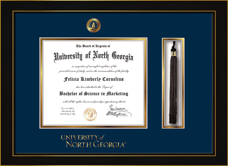 Image of University of North Georgia Diploma Frame - Honors Black Satin - w/Embossed UNG Seal & Wordmark - Tassel Holder - Navy on Gold mat