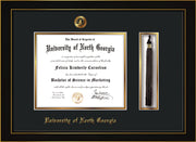 Image of University of North Georgia Diploma Frame - Honors Black Satin - w/Embossed UNG Seal & Name - Tassel Holder - Black on Gold mat