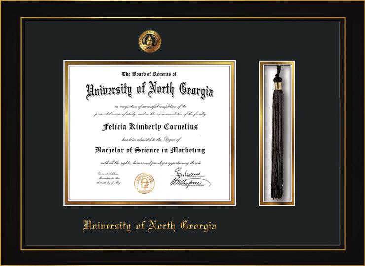 Image of University of North Georgia Diploma Frame - Honors Black Satin - w/Embossed UNG Seal & Name - Tassel Holder - Black on Gold mat
