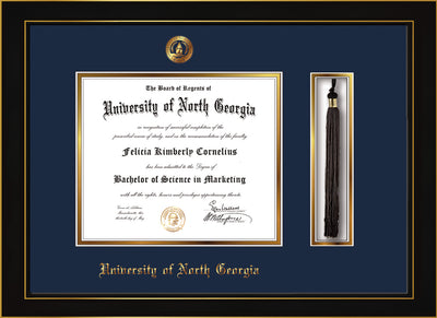 Image of University of North Georgia Diploma Frame - Honors Black Satin - w/Embossed UNG Seal & Name - Tassel Holder - Navy on Gold mat