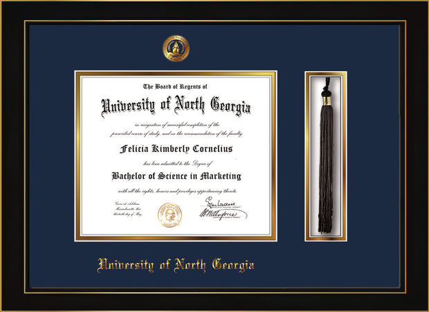 Image of University of North Georgia Diploma Frame - Honors Black Satin - w/Embossed UNG Seal & Name - Tassel Holder - Navy on Gold mat