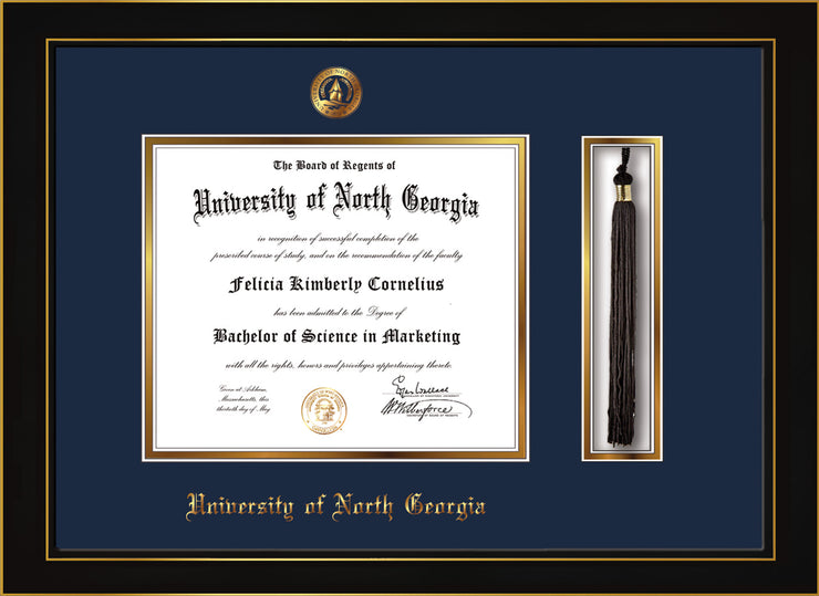 Image of University of North Georgia Diploma Frame - Honors Black Satin - w/Embossed UNG Seal & Name - Tassel Holder - Navy on Gold mat