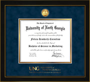 Image of University of North Georgia Diploma Frame - Honors Black Satin - w/24k Gold-Plated Military Medallion & Military Wordmark Embossing - Navy Suede on Gold mats