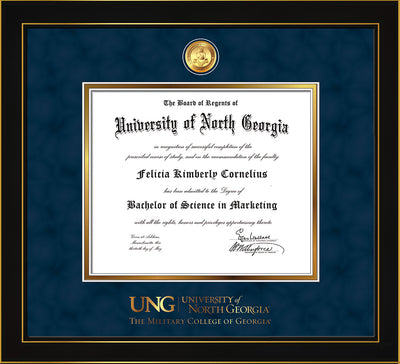 Image of University of North Georgia Diploma Frame - Honors Black Satin - w/24k Gold-Plated Military Medallion & Military Wordmark Embossing - Navy Suede on Gold mats