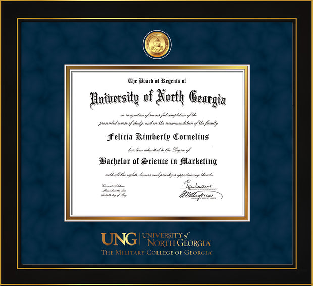 Image of University of North Georgia Diploma Frame - Honors Black Satin - w/24k Gold-Plated Military Medallion & Military Wordmark Embossing - Navy Suede on Gold mats
