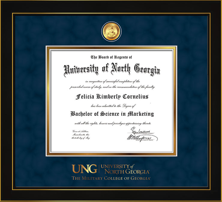 Image of University of North Georgia Diploma Frame - Honors Black Satin - w/24k Gold-Plated Military Medallion & Military Wordmark Embossing - Navy Suede on Gold mats