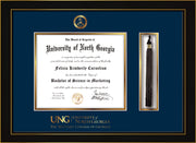 Image of University of North Georgia Diploma Frame - Honors Black Satin - w/Embossed Military Seal & Military Wordmark - Tassel Holder - Navy on Gold mat