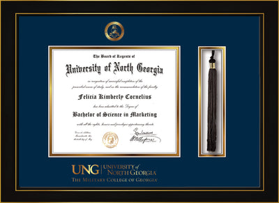 Image of University of North Georgia Diploma Frame - Honors Black Satin - w/Embossed Military Seal & Military Wordmark - Tassel Holder - Navy on Gold mat
