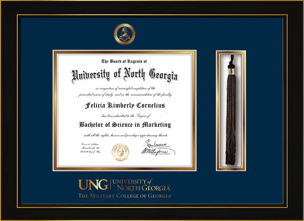 Image of University of North Georgia Diploma Frame - Honors Black Satin - w/Embossed Military Seal & Military Wordmark - Tassel Holder - Navy on Gold mat
