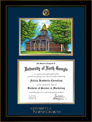 Image of University of North Georgia Diploma Frame - Honors Black Satin - w/Embossed UNG Seal & Wordmark - Campus Watercolor - Navy on Gold mat