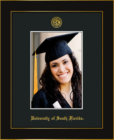 Image of University of South Florida 5 x 7 Photo Frame - Honors Black Satin - w/Official Embossing of USF Seal & Name - Single Black mat