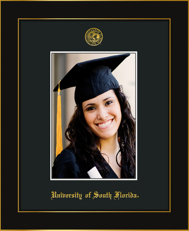 Image of University of South Florida 5 x 7 Photo Frame - Honors Black Satin - w/Official Embossing of USF Seal & Name - Single Black mat