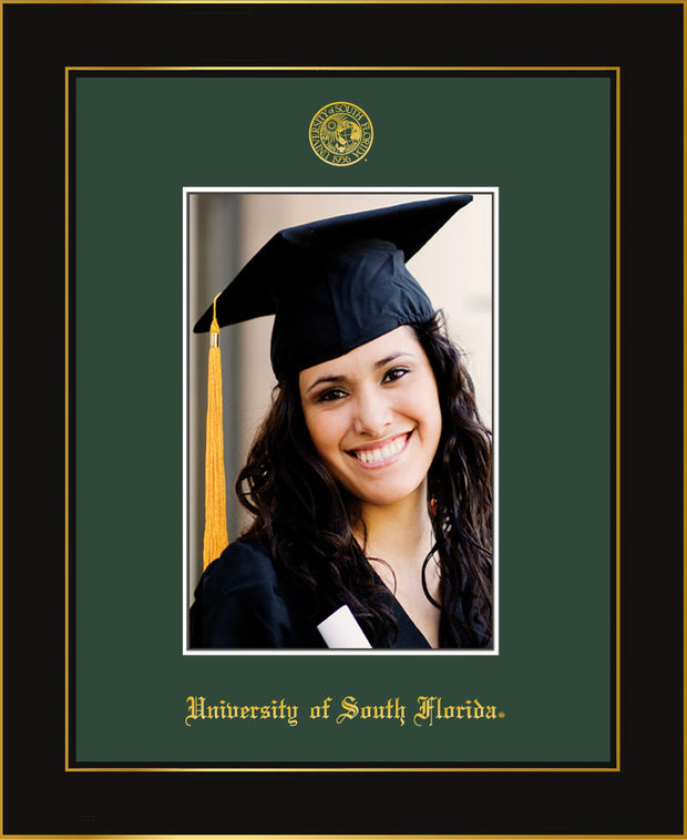 Image of University of South Florida 5 x 7 Photo Frame - Honors Black Satin - w/Official Embossing of USF Seal & Name - Single Green mat