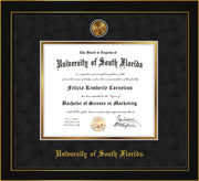 Image of University of South Florida Diploma Frame - Honors Black Satin - w/24k Gold-Plated Medallion USF Name Embossing - Black Suede on Gold mats