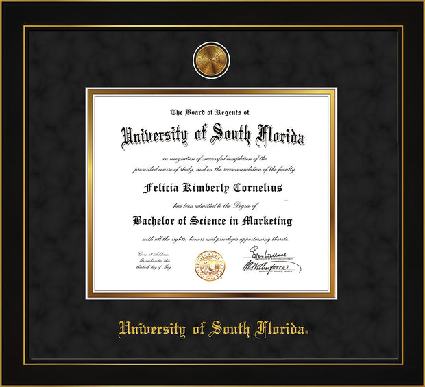 Image of University of South Florida Diploma Frame - Honors Black Satin - w/24k Gold-Plated Medallion USF Name Embossing - Black Suede on Gold mats