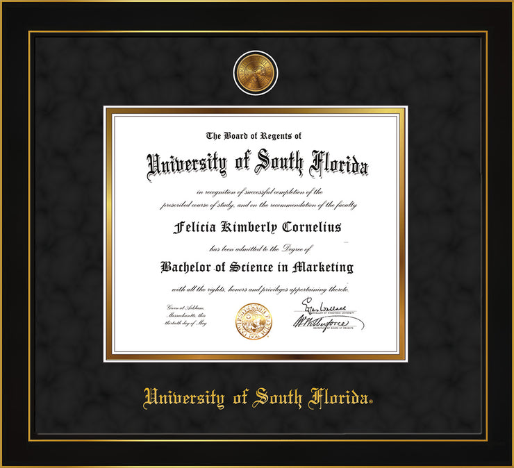 Image of University of South Florida Diploma Frame - Honors Black Satin - w/24k Gold-Plated Medallion USF Name Embossing - Black Suede on Gold mats