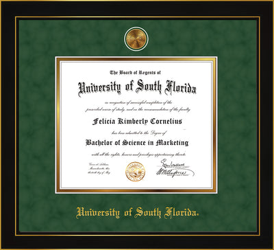 Image of University of South Florida Diploma Frame - Honors Black Satin - w/24k Gold-Plated Medallion USF Name Embossing - Green Suede on Gold mats