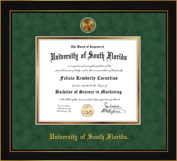 Image of University of South Florida Diploma Frame - Honors Black Satin - w/24k Gold-Plated Medallion USF Name Embossing - Green Suede on Gold mats