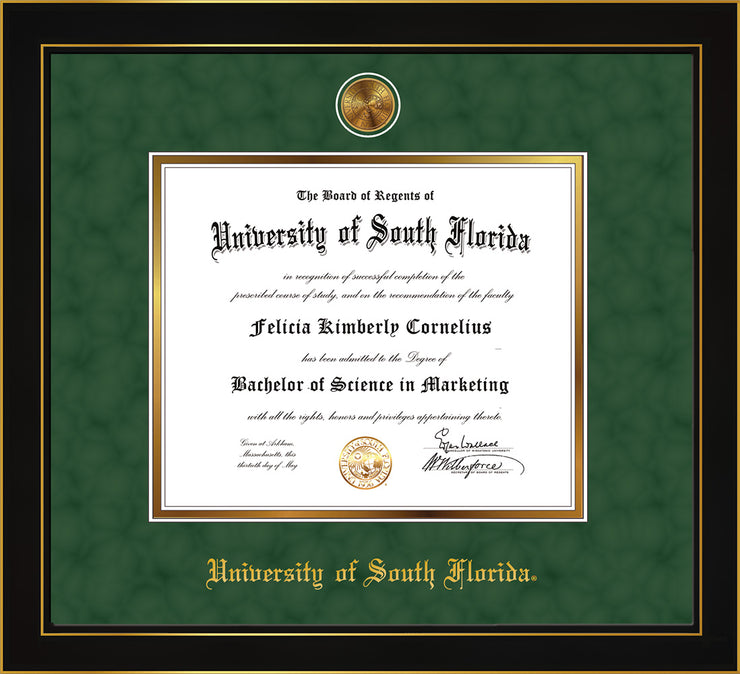 Image of University of South Florida Diploma Frame - Honors Black Satin - w/24k Gold-Plated Medallion USF Name Embossing - Green Suede on Gold mats