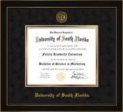 Image of University of South Florida Diploma Frame - Honors Black Satin - w/Embossed USF Seal & Name - Black Suede on Gold mat