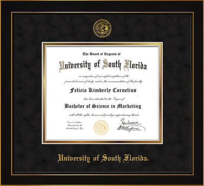 Image of University of South Florida Diploma Frame - Honors Black Satin - w/Embossed USF Seal & Name - Black Suede on Gold mat