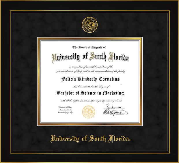 Image of University of South Florida Diploma Frame - Honors Black Satin - w/Embossed USF Seal & Name - Black Suede on Gold mat