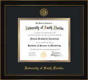 Image of University of South Florida Diploma Frame - Honors Black Satin - w/Embossed USF Seal & Name - Black on Gold mat