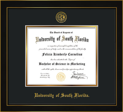 Image of University of South Florida Diploma Frame - Honors Black Satin - w/Embossed USF Seal & Name - Black on Gold mat
