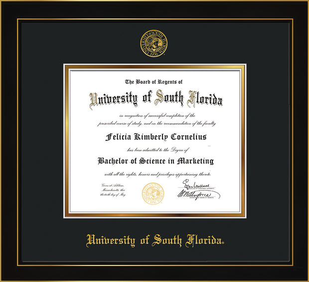 Image of University of South Florida Diploma Frame - Honors Black Satin - w/Embossed USF Seal & Name - Black on Gold mat