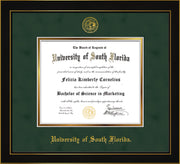 Image of University of South Florida Diploma Frame - Honors Black Satin - w/Embossed USF Seal & Name - Green Suede on Gold mat