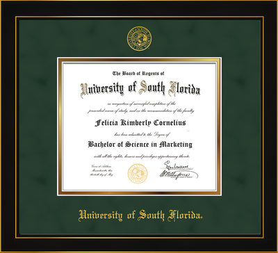 Image of University of South Florida Diploma Frame - Honors Black Satin - w/Embossed USF Seal & Name - Green Suede on Gold mat