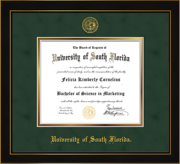 Image of University of South Florida Diploma Frame - Honors Black Satin - w/Embossed USF Seal & Name - Green Suede on Gold mat