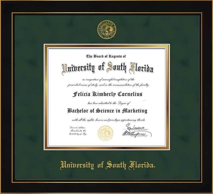 Image of University of South Florida Diploma Frame - Honors Black Satin - w/Embossed USF Seal & Name - Green Suede on Gold mat