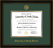 Image of University of South Florida Diploma Frame - Honors Black Satin - w/Embossed USF Seal & Name - Green on Gold mat