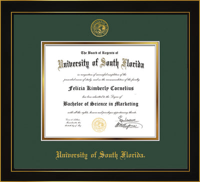 Image of University of South Florida Diploma Frame - Honors Black Satin - w/Embossed USF Seal & Name - Green on Gold mat