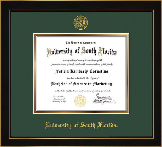 Image of University of South Florida Diploma Frame - Honors Black Satin - w/Embossed USF Seal & Name - Green on Gold mat