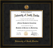 Image of University of South Florida Diploma Frame - Honors Black Satin - w/24k Gold-Plated Medallion & Fillet - w/USF Name Embossing - Black Suede mat